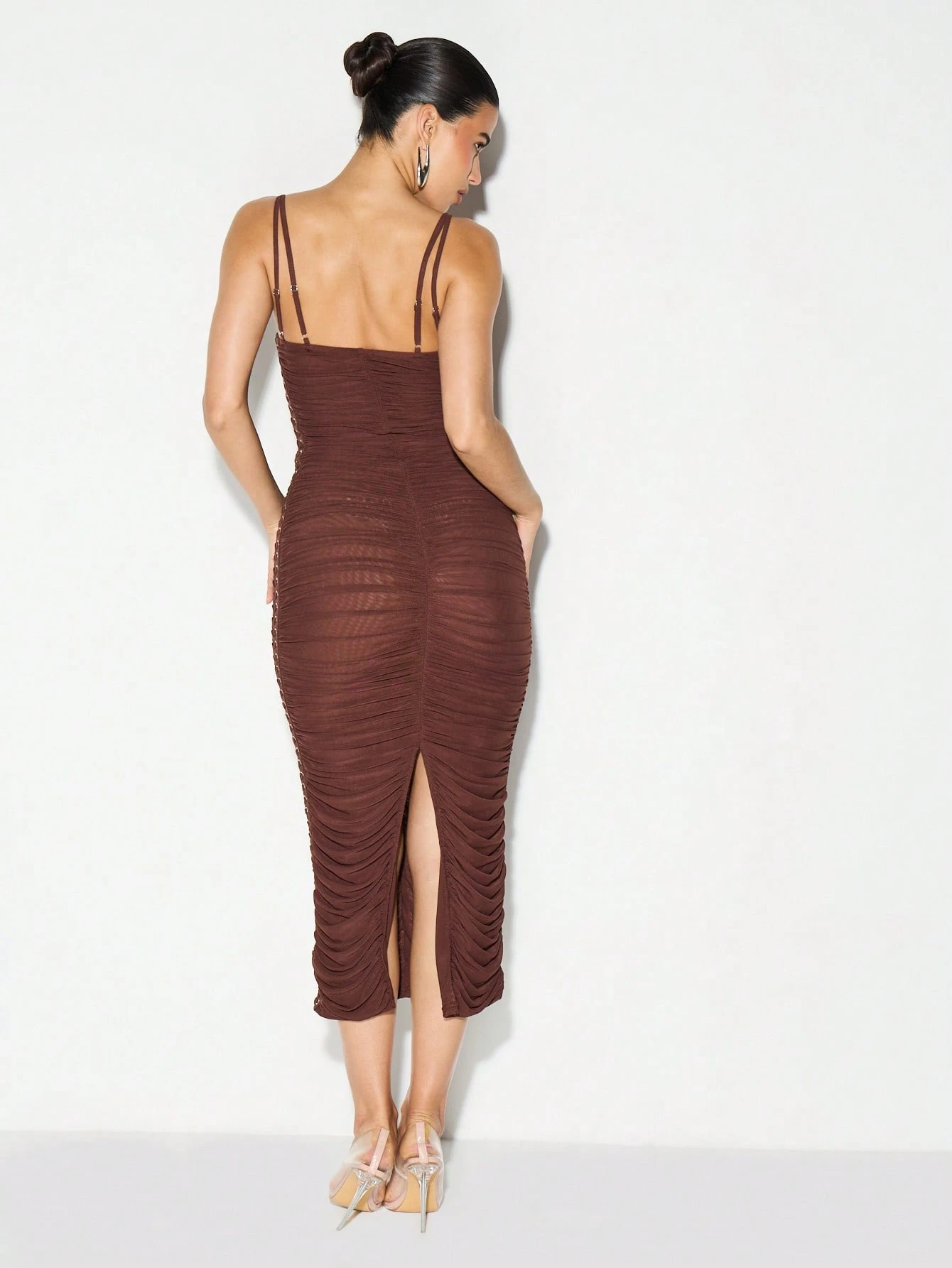 KIZN Ruched Mesh Corset Midi Dress With Side Slit