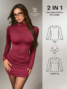 Nuvra Women's Solid Color Turtleneck Long Sleeve Ruched Mini Dress, Autumn/Winter Red Dress Elegant Dresses For Women New Year Dress 2-In-1 Breast Pad - Burgundy - View 1