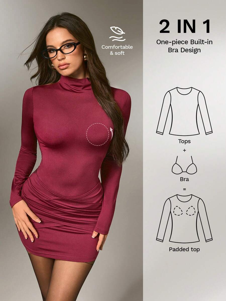 Nuvra Women's Solid Color Turtleneck Long Sleeve Ruched Mini Dress, Autumn/Winter Red Dress Elegant Dresses For Women New Year Dress 2-In-1 Breast Pad - Burgundy - View 1