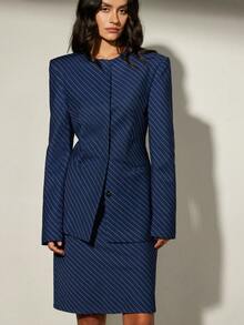 Aveloria Modichic Women's Wide Shoulder Hidden Button Striped Long Sleeve Blazer And Pencil Skirt Suit Set - Navy Blue - View 2