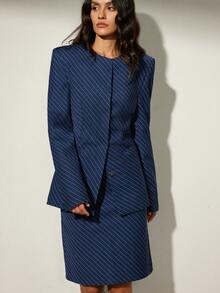 Aveloria Modichic Women's Wide Shoulder Hidden Button Striped Long Sleeve Blazer And Pencil Skirt Suit Set - Navy Blue - View 5