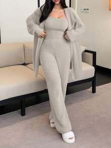 DAZY 3pcs/Set Faux Fur Fluffy Robe, Camisole & Pants Women Fluffy Pajama Set, Winter - Beige - View 5