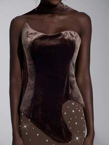 Elitara 优雅奢华的军绿色天鹅绒面料，大量装饰不对称领口亮片鱼尾裙，女士正式晚礼服 - 棕色 - 查看 7