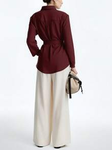 Aalyst 纯色前扣系带衬衫、长袖上衣 - 酒紅色 - 查看 2