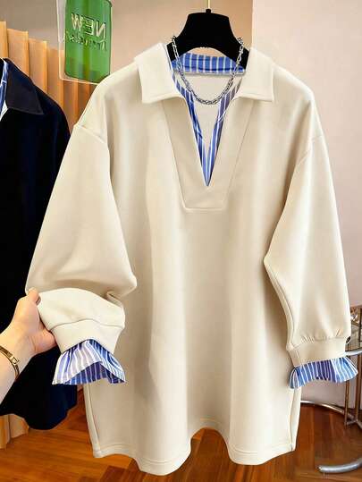 Resyla 女士休闲条纹拼布运动衫，秋冬