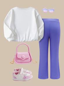 Nick 90s | SHEIN Young Girl Cartoon Rainbow & Cartoon Figure Graphic White Long Sleeve Crew Neck Sweatshirt And Purple Flared Casual Pants - Purple - View 2
