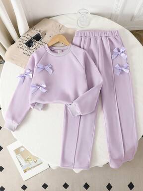 Genkimix Kids 2枚セット 女の子ファッション グレー ラウンドネック 長袖トップス ワイドレッグパンツ リボンデコレーション 秋冬