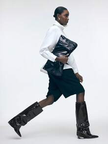 Mnmlis Women's Pointed Toe Pleated Casual Metal Buckle Strap Stiletto Heel Over-The-Knee Boots - Black - View 1