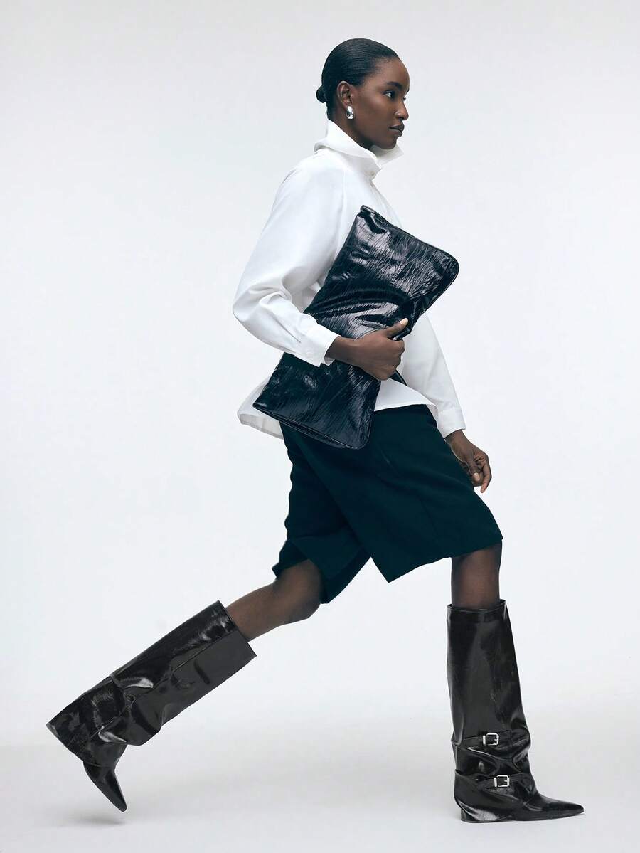 Mnmlis Women's Pointed Toe Pleated Casual Metal Buckle Strap Stiletto Heel Over-The-Knee Boots - Black - View 1