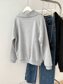 Lyxana Women's Gray Turndown Collar Half Zip Pullover Sweatshirt, New Casual Fleece Jacket - Light Grey - View 2