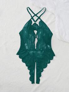 SHEIN 1 bộ đồ liền thân ren gợi cảm cỡ lớn - Màu xanh lá cây đậm - Xem 4