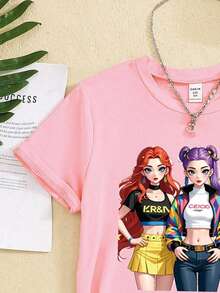 Sparklyn Tween Girl Pink Round Neck Short Sleeve Graphic Tee, Young Girl Casual Comfortable Fashion Minimalist Cartoon, Funny, Celebrity, Anime, K-POP Style Letter Print Graphic T-Shirt