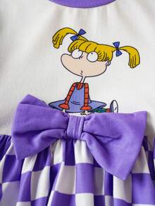 Nick 90s | SHEIN Kleine Mädchen Cartoon Kleine Mädchen Muster Lila Schleife Karomuster Langarm Kleid - Violett - Übersicht 6