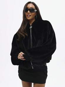 BABYPHAT Áo khoác bomber lông thú giả cỡ lớn có mũ trùm đầu, khóa kéo toàn bộ và cổ tay bo gân cho thời trang mùa đông thu đông - màu đen - Xem 2