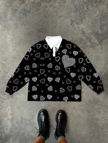 Manfinity Dauomo Men's Casual Heart Print Rhinestone Polo Shirt, Autumn - Black - View 5