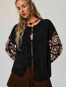 Freevana Áo khoác len cardigan đan móc dài tay buộc phía trước cho nữ, Thu/Đông - màu đen - Xem 5