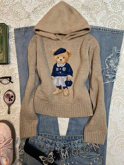 SHEIN EZwear Women's Brown Bear Hooded Sweater, Khaki Color, Super Slimming! Suitable For Autumn/Winter Wear. Essential For Fall/Winter Basic Outfits, New Year Outfits, Holiday Outfits, Street Outfits,Sweaters For Women Spring