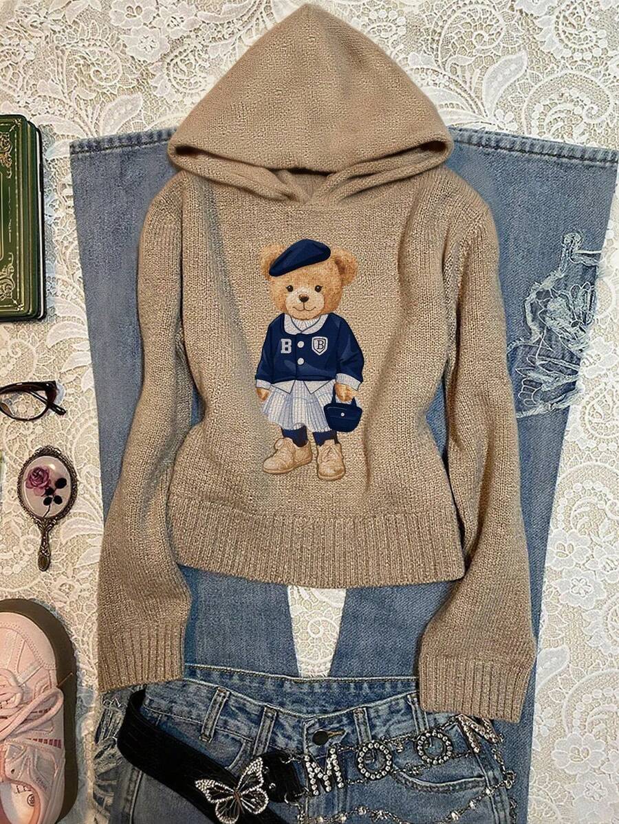 SHEIN EZwear Women's Brown Bear Hooded Sweater, Khaki Color, Super Slimming! Suitable For Autumn/Winter Wear. Essential For Fall/Winter Basic Outfits, New Year Outfits, Holiday Outfits, Street Outfits,Sweaters For Women Spring - Multicolor - View 1