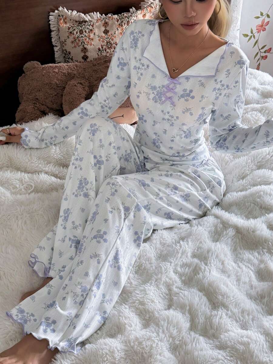 SHEIN V领花卉蝴蝶结装饰休闲舒适女士睡衣套装，冬季服装 - 白色 - 查看 1