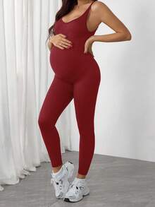 SHEIN Maternity Solid Color Sleeveless Fitted Jumpsuit - Burgundy - View 4