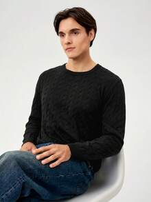 Manfinity Homme Jersey de cuello redondo de manga larga de punto de cable de unicolor para hombre - Negro - Ver 5