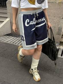 SHEIN EZwear Plus Size Casual High Street Color Block Letter Print Bermuda Shorts - Blue - View 5