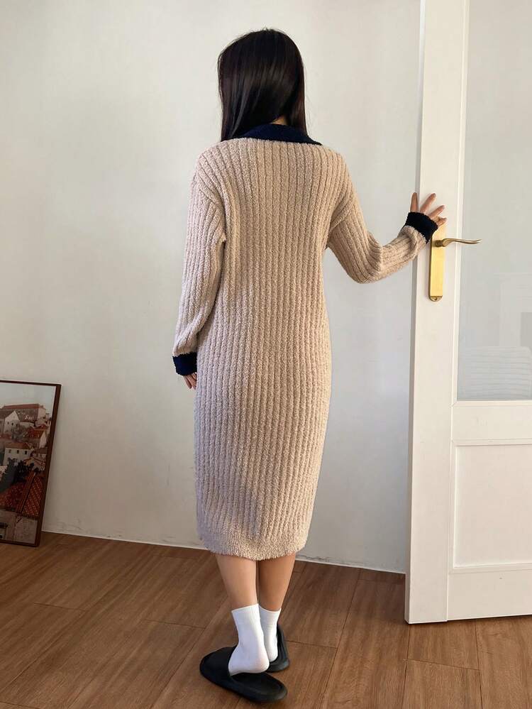 Women's Contrast Color Fleece Knit Mid-Length Fluffy Nightgown, Winter Home Dress, Moo Moo Night Dress
