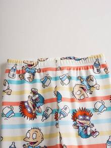 Nick 90s | SHEIN 男婴卡通条纹高弹力上衣和裤子贴身睡衣套装 - 藍白色 - 查看 5