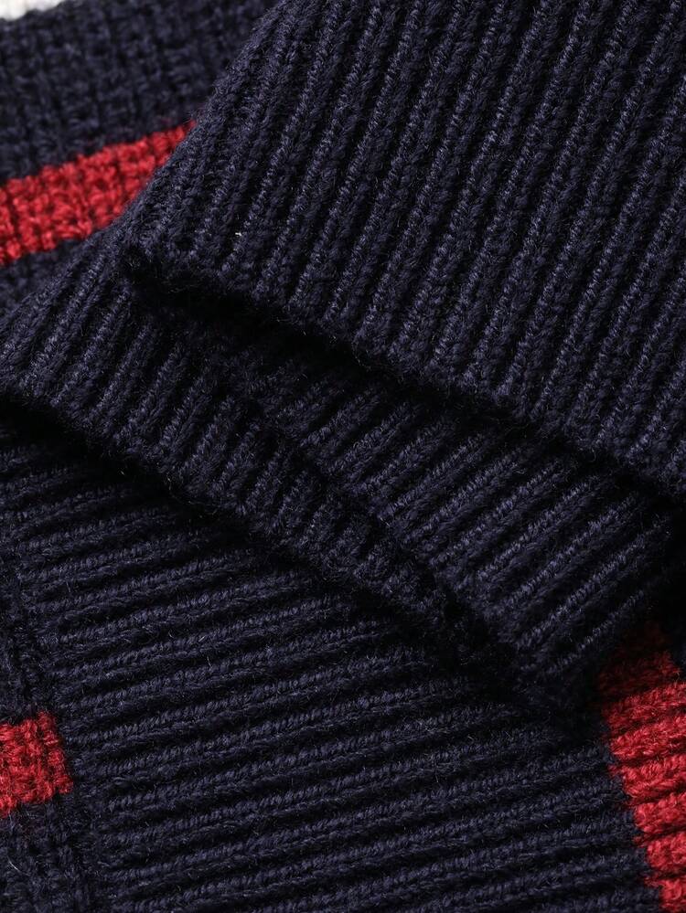 Color Block Striped Fitted Waist Long Sleeve Polo Collar Elegant Autumn/Winter Sweater Dress For Women