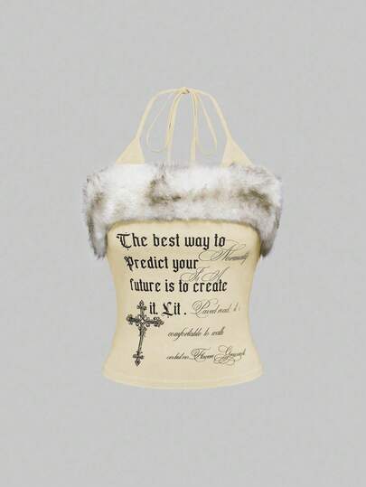 Top halter con estampado gráfico de cruz y piel sintética, estilo vintage Y2K baddie 2 en 1