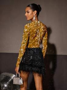 Shutterstock Glamance Women's Sequin Print Fitted Long Sleeve T-Shirt, Fashionable For Party Sequined Top Gold Sequin Top - Yellow - View 2