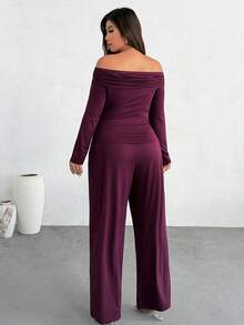 SHEIN Privé Plus Size Women's Dark Purple 2-Piece Set,Elegant Formal Dinner Autumn 1-Shoulder Ruched Metal Long Sleeve T-Shirt&Pants,Comfortable Casual Vacation - Purple - View 2