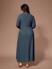 Lazeform 女士大码休闲简约罗纹磨毛长袖长款睡袍，冬季 - 藍色 - 查看 2