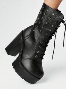 ROMWE Grunge Punk Women's Versatile Commuter Thick High-Heeled Boots - Black - View 3