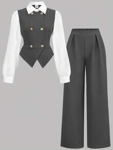 SHEIN Teen Girls Shirt Co-Ords Patchwork Double-Breasted Lapel Shirt & Solid Color Pants Casual Suit Set
