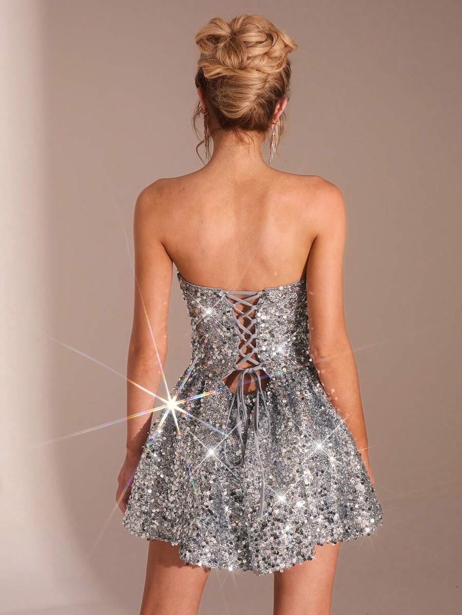 Glamine Women's Sequin Dress, Strapless Dress, Tie-Up Fitted Silver Dress, Fashionable Celebrity A-Line Mini Dress, Party Cocktail Dress