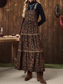 Váy len kiểu phương Tây LanaWest dành cho nữ, chất liệu nhung kẻ màu nâu, họa tiết da báo, dây đeo có thể điều chỉnh, viền vá, thích hợp mặc hàng ngày - màu nâu - Xem 3