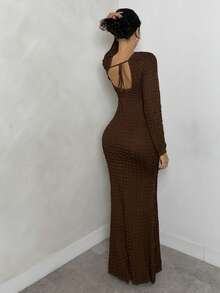 Glamine Women's Coffee Brown Knitted Jacquard Deep V-Neck Hollow Out Frill Trim Long Sleeve Bodycon Maxi Dress,Elegant Autumn Night Out Party Gathering - Khaki - View 3