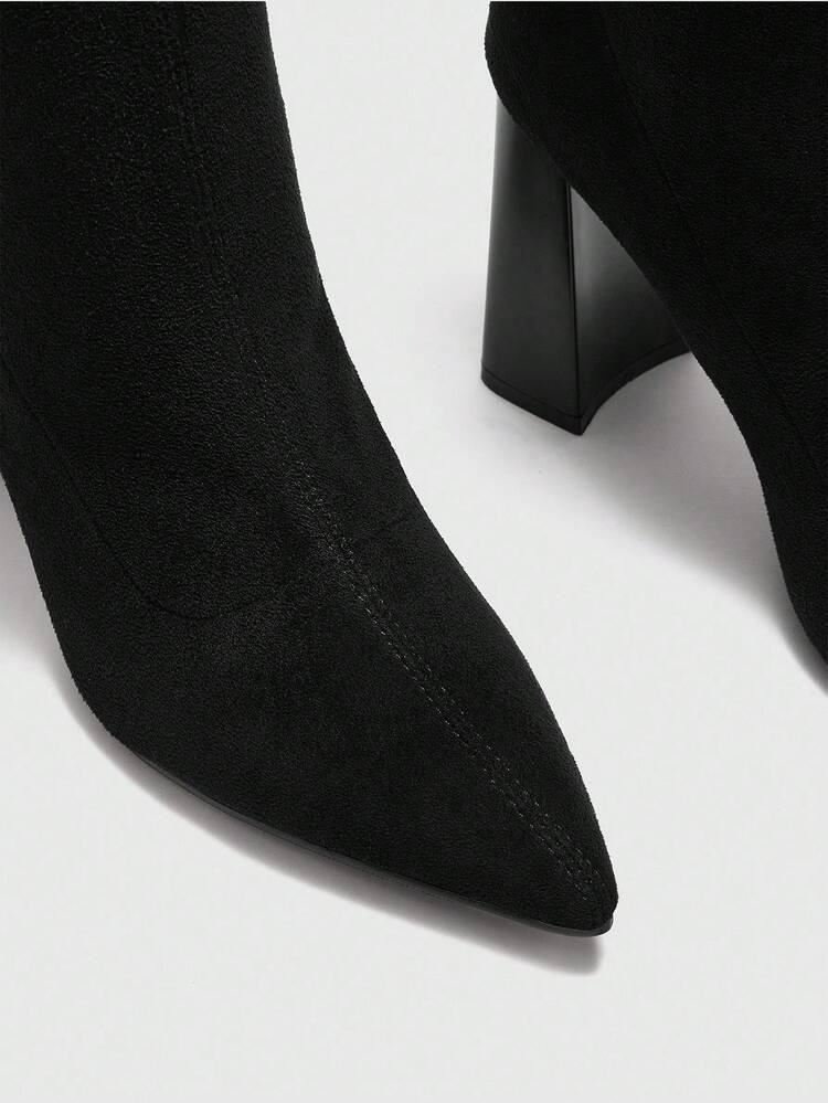 CUCCOO BIZCHIC Women's Fashion Pointed Toe Chunky High Heel Black Suede Pull-On Ankle Boots, Versatile For Daily, Commute, Work, Shopping For Christmas