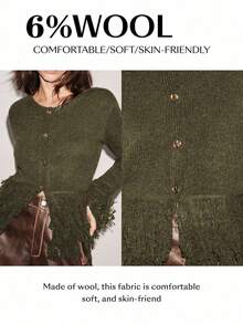 Lumivelle 女士休闲圆领金属扣流苏长袖开衫毛衣 - 軍綠色 - 查看 6