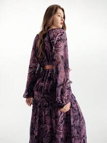 Aveloria Modichic Bohemian Style Loose Ruffled Hem Dress With Belt, Layered Long Sleeve Dress - Purple - View 3