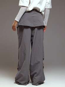 MUSERA Overlayered Wrap Skirt Detail Baggy Fit Trouser Winter Coolgirl Cosy Cute Outdoors Explorer Spring Y2k Pants - Grey - View 4