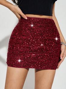 SHEIN PETITE Mini-jupe élégante à paillettes et sequins de couleur unie pour femmes, petite taille - Rouge - Voir 6