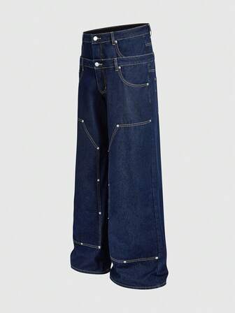 Grunge Punk Jeans casuales de pierna ancha y ajuste holgado con doble cintura