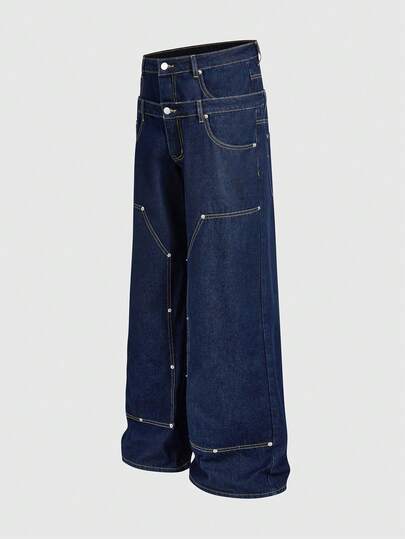Grunge Punk Jeans casuales de pierna ancha y ajuste holgado con doble cintura
