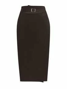 Elenzga Plus Size Women Solid Color Elegant Split Hem Pencil Skirt - Coffee Brown - View 3