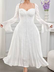Feyla Plus Size Elegant Party Solid Color Textured Flare Sleeve Dress Lace Dress White Lace Fall - White - View 3