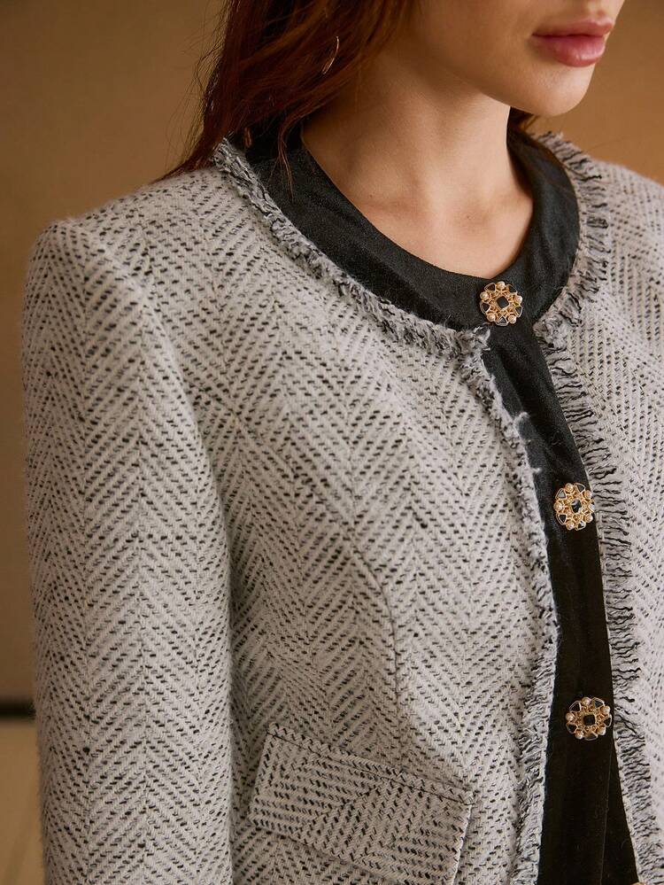 TWEED RAW EDGE TRIM FLAP DETAIL 2 IN 1 CROP OVERCOAT