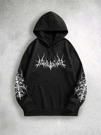 Grunge Punk Sudadera con capucha de felpa negra con estampado de espinas gótico para mujer