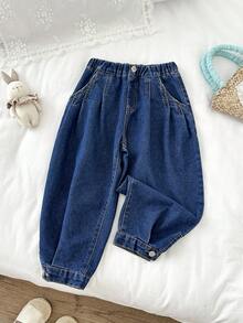 LMoss Kids 女童宽松深蓝色牛仔裤 - 深色水洗藍 - 查看 3